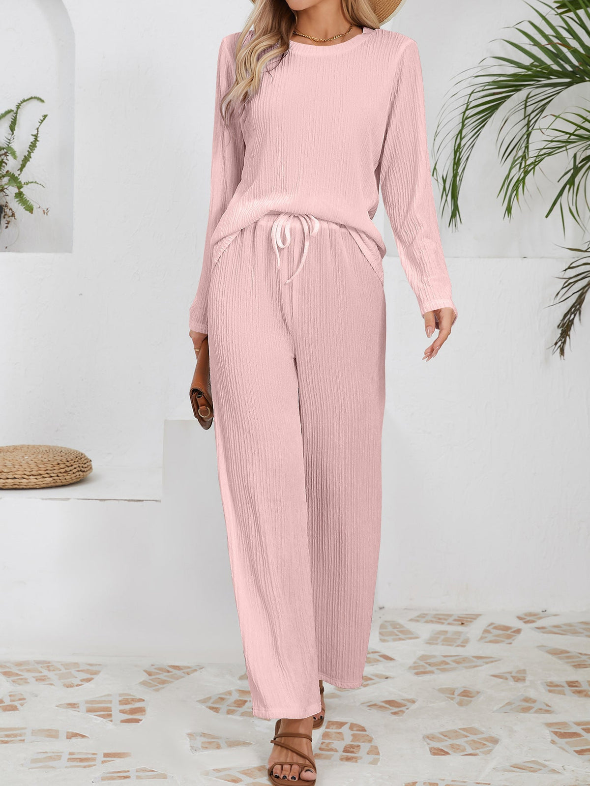 Women's Casual Ribbed Lounge Set with Elastic Waist