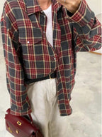 Women's Cozy Plaid Shirt with High Collar and Button Closure