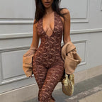 Elegant Lace Jumpsuit with Deep V-Neck and Side Slits
