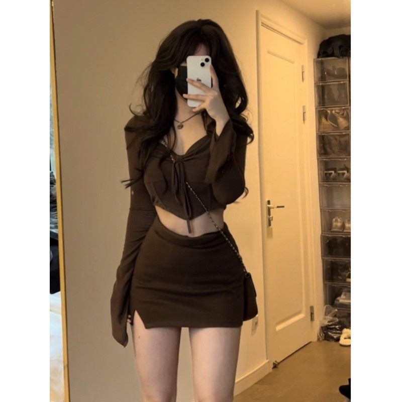 Casual Knot-Front Crop Top and Mini Skirt Set