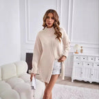 Women's Chunky Knit Sweater with High Collar and Asymmetrical Cut