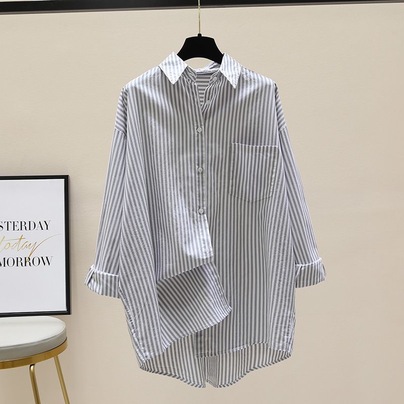 Women's Striped Oversized Shirt with Longer Back and Practical Chest Pocket