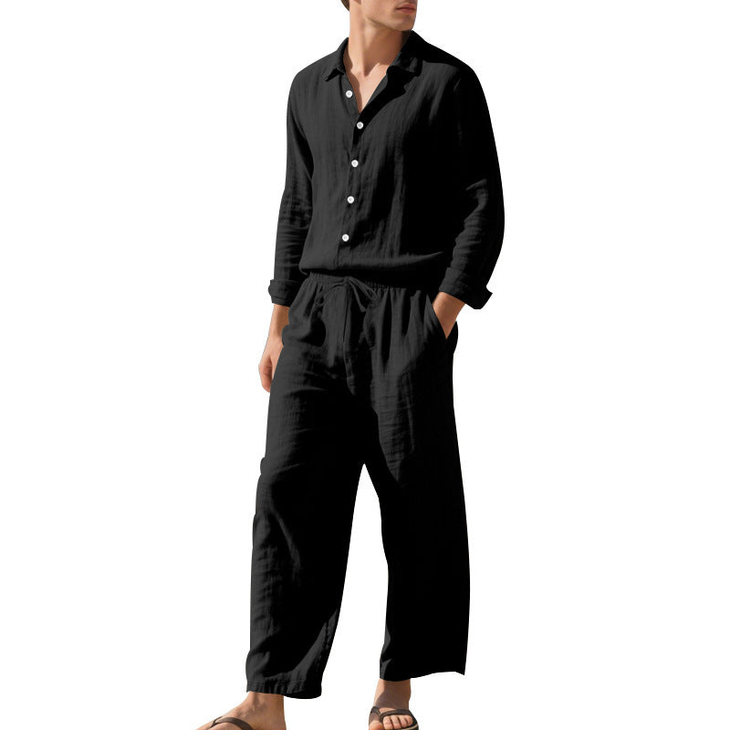 Men's relaxed linen set with open shirt collar and loose drawstring pants