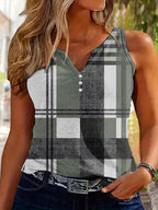 Women's Sleeveless V-Neck Top with Button Detail and Plaid Pattern