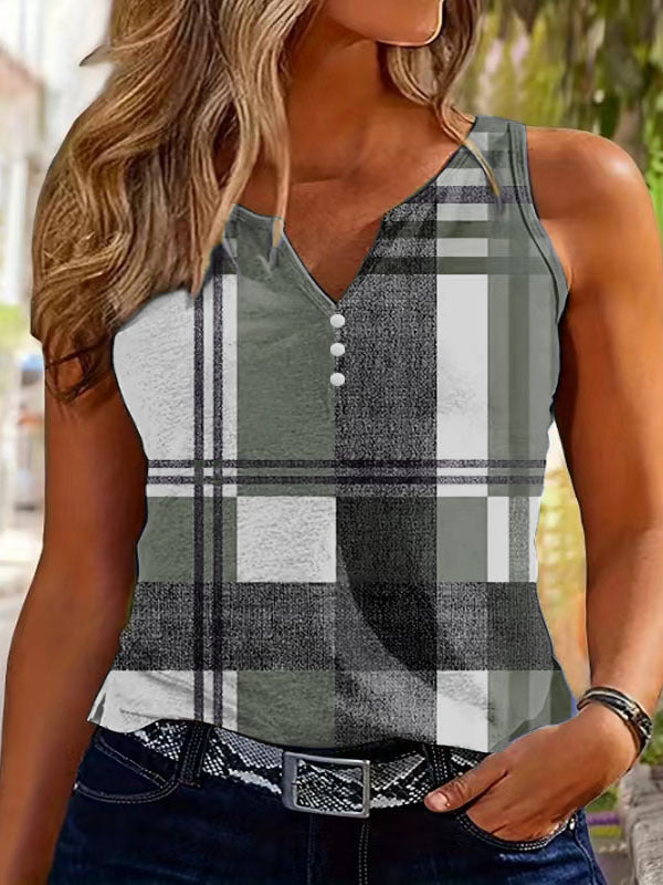 Women's Sleeveless V-Neck Top with Button Detail and Plaid Pattern