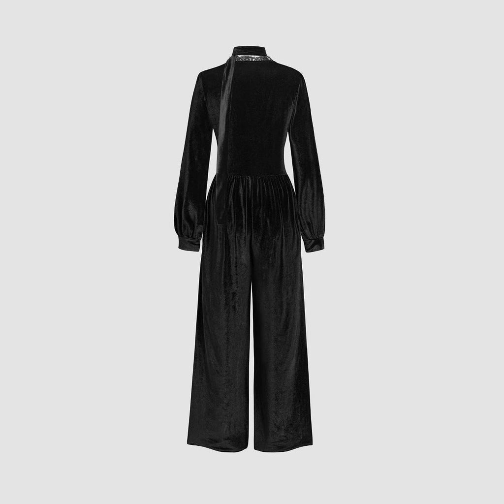 Women's Elegant Velvet Jumpsuit with Collar and Wide Leg