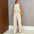 Women's Elegant Set with Casual Top and High-Waisted Pants