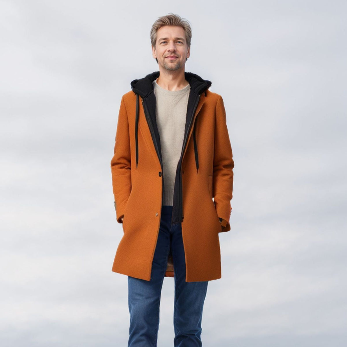 Women's Elegant Coat with Detachable Hood and Sporty Accents
