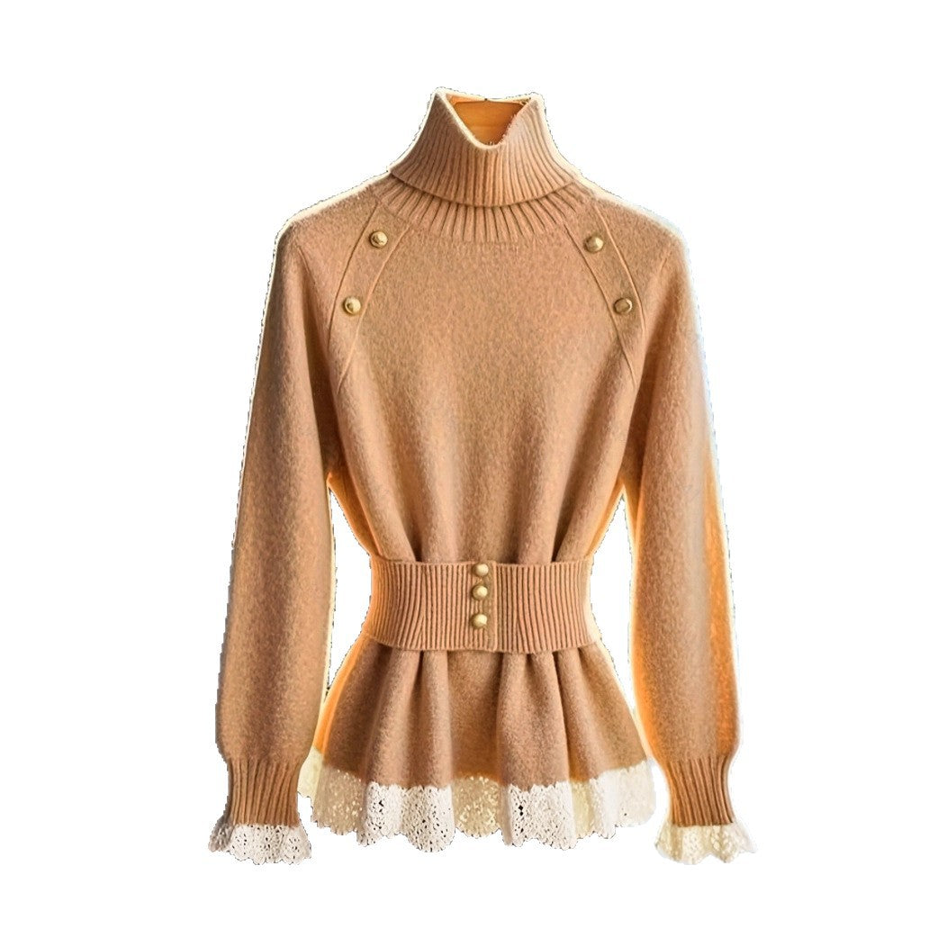 Elegant High-Neck Knit Sweater with Decorative Buttons