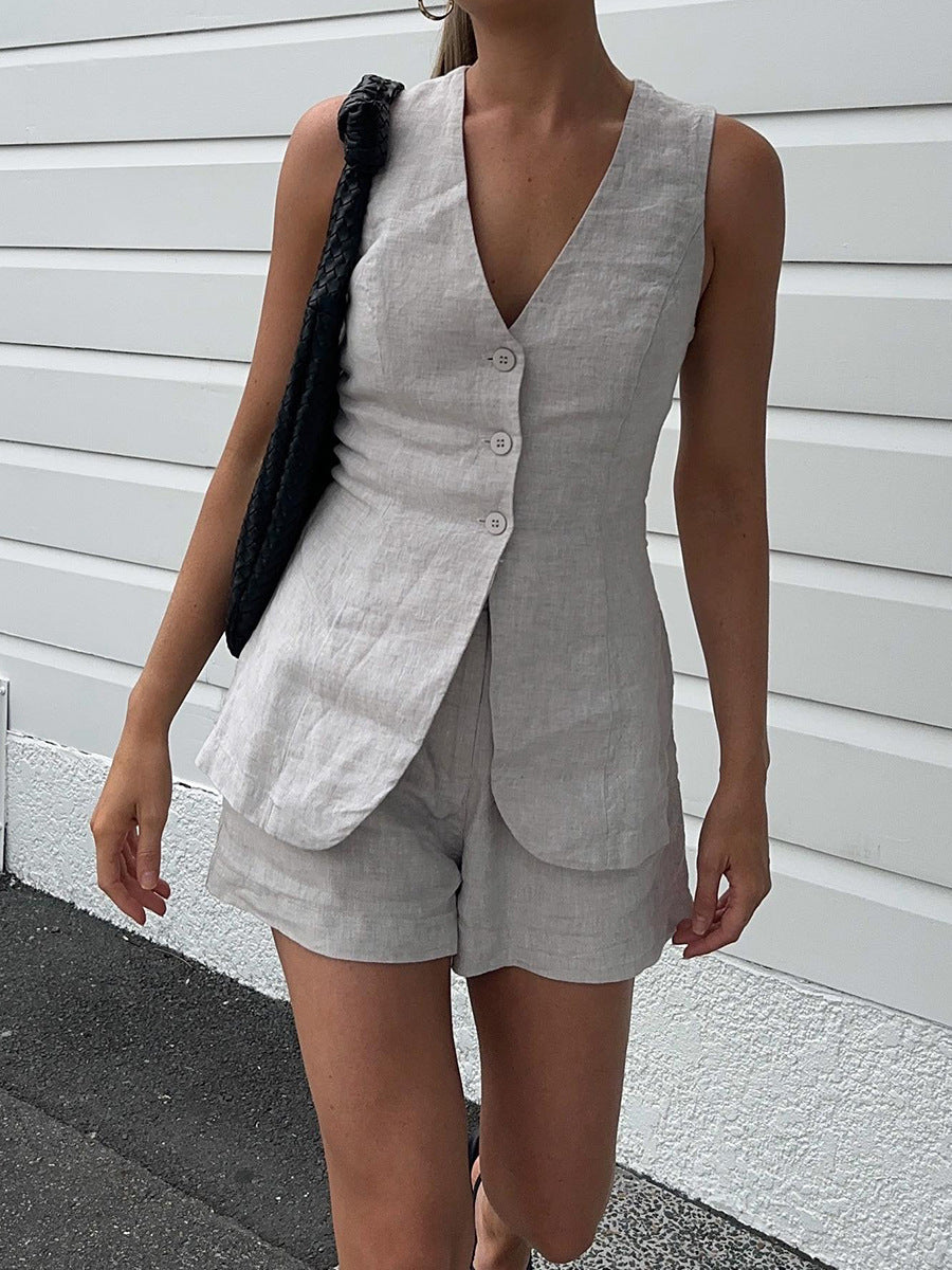 Women's Elegant Linen Blouse and Shorts Set