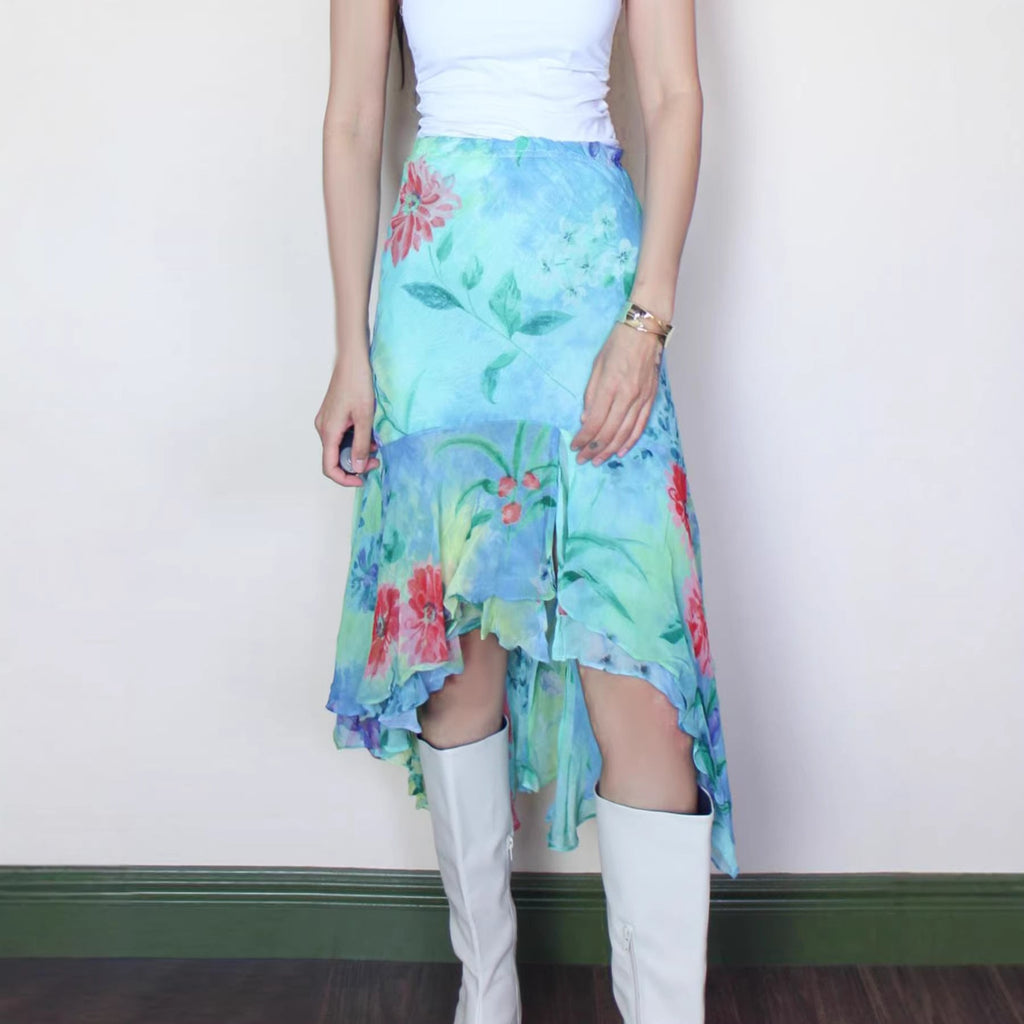 Women's Asymmetrical Floral Chiffon Ruffle Skirt