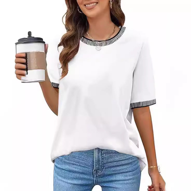 Casual Short-Sleeve Shirt with Striped Collar