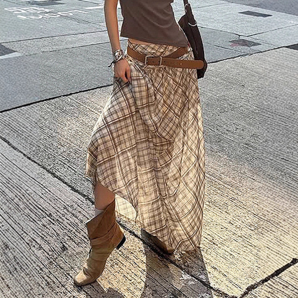 Women's Maxi Skirt with Elastic Waist and Plaid Pattern