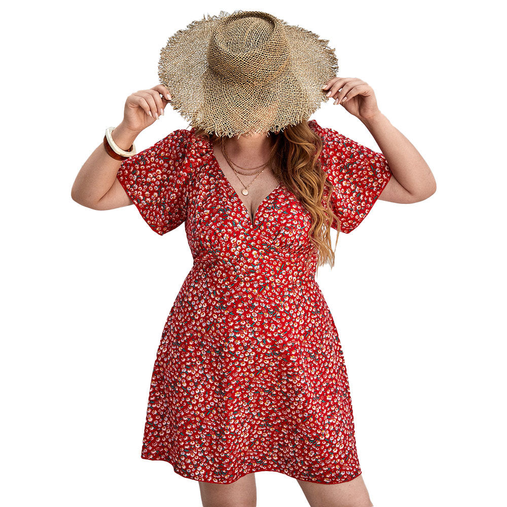 Women's Floral Summer Dress with V-Neck and Loose Sleeves