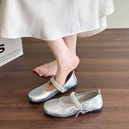 Women's Ballet Flats with Decorative Pearl Strap and Bow Accent