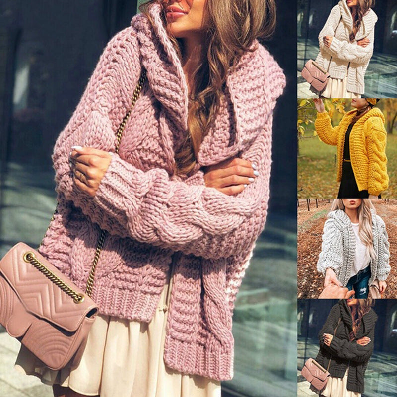 Women's Chunky Knit Cardigan in Relaxed Oversized Style with Shawl Collar and Large Pockets
