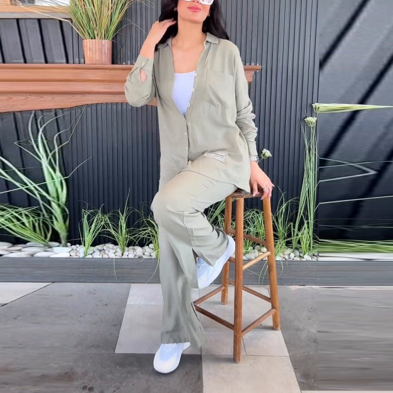 Women's Comfortable Lounge Set with Elegant Blouse and Wide Pants
