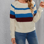 Women's Cotton Pullover with Modern Block Stripes and Crew Neck