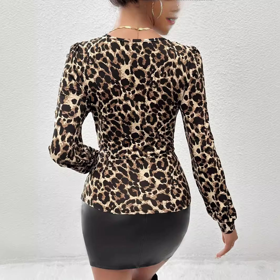 Women's Blouse with Lace Trim and Leopard Print