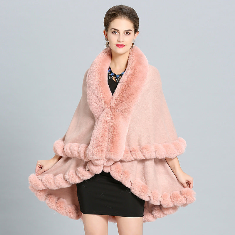 Women's Hooded Poncho with Luxurious Faux Fur Collar and Elegant Trim