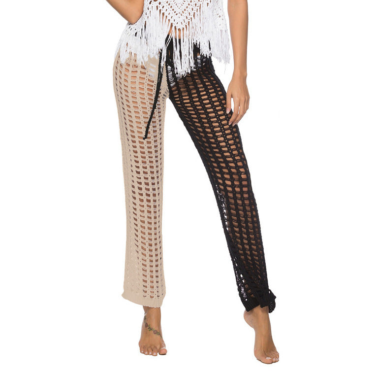 Women's Crochet Beach Pants with Transparent Pattern and Fringe