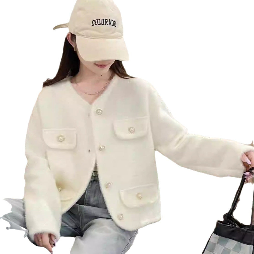 Women's Fluffy Cardigan with Decorative Buttons and Pockets