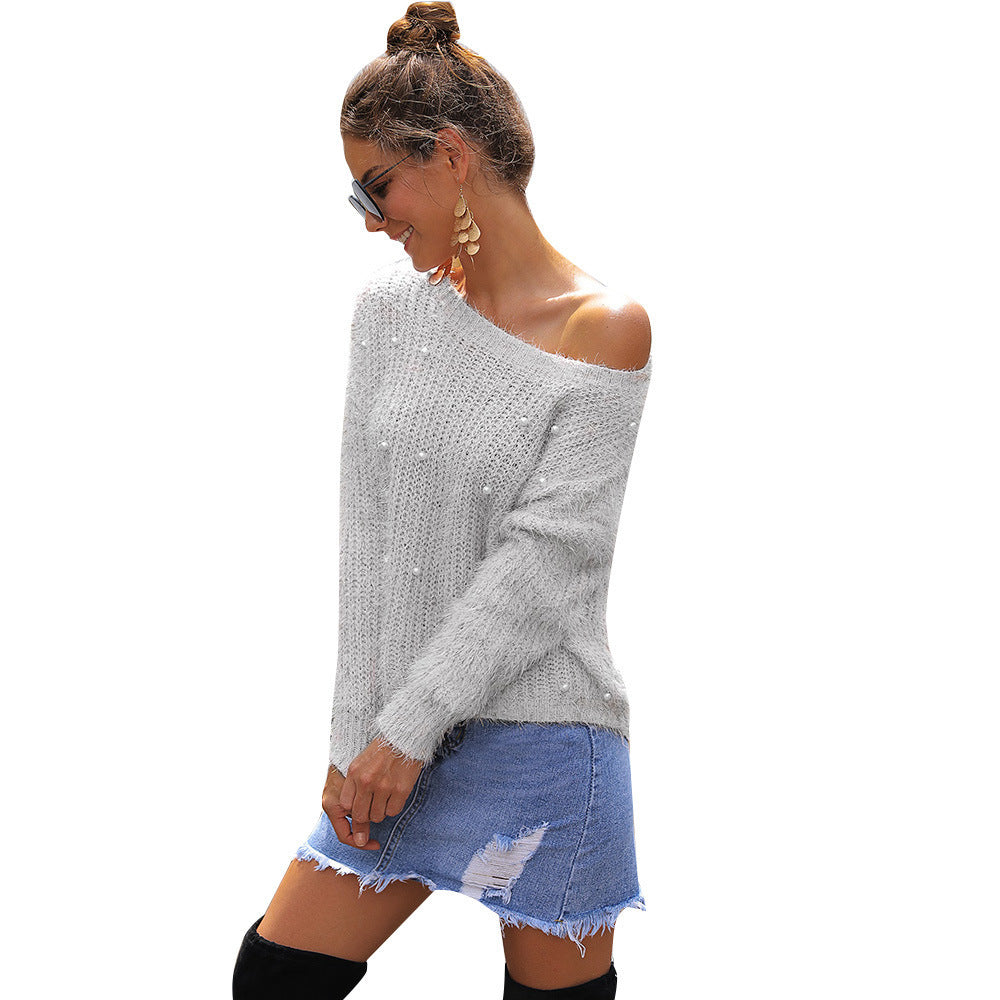 Women's Off-Shoulder Sweater with Pearl Embellishments