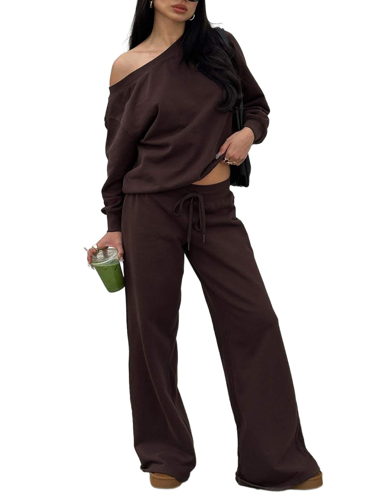 Women's Casual Off-Shoulder Lounge Set with Wide Legs and Drawstring