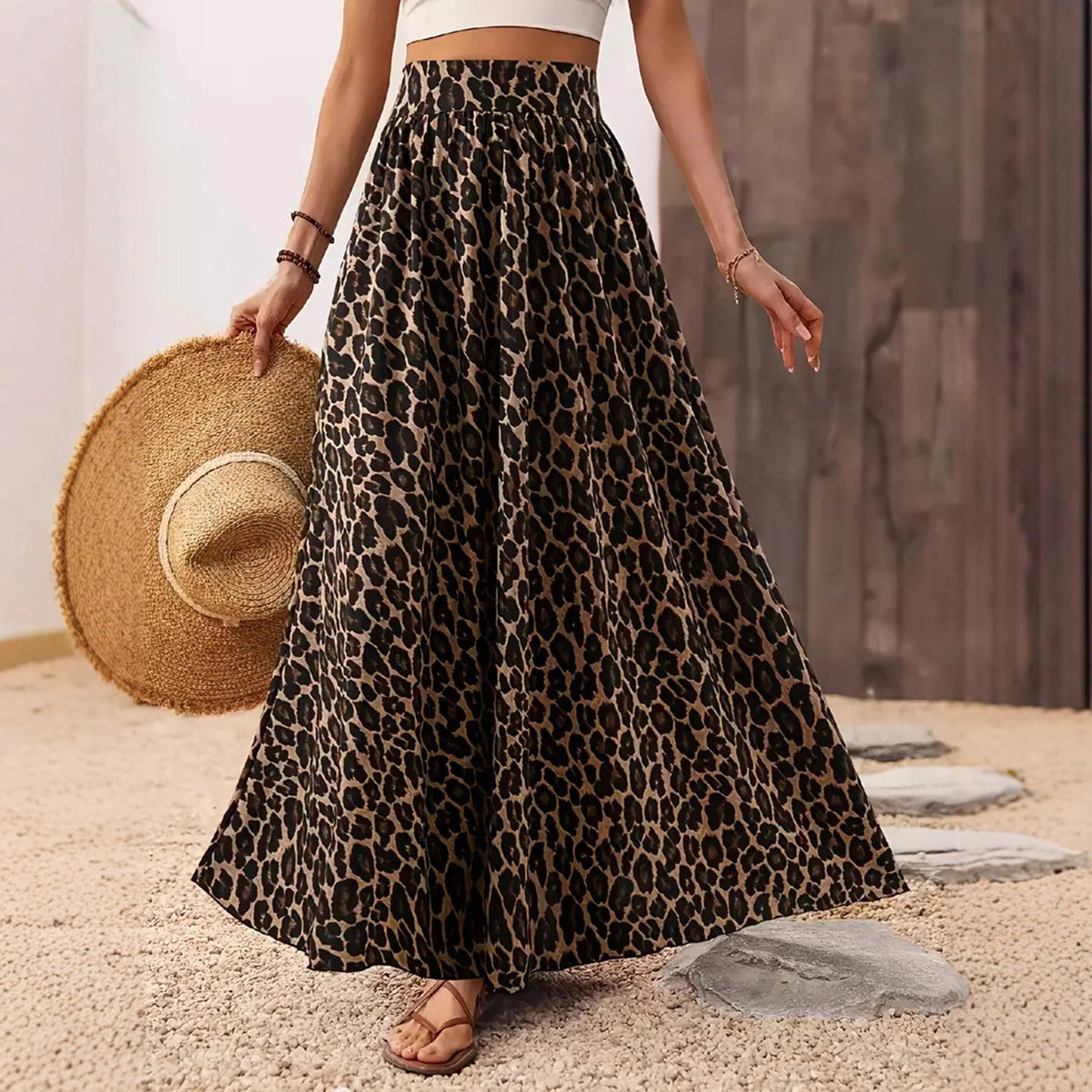 Women's Maxi Skirt with Leopard Print and Elastic Waistband