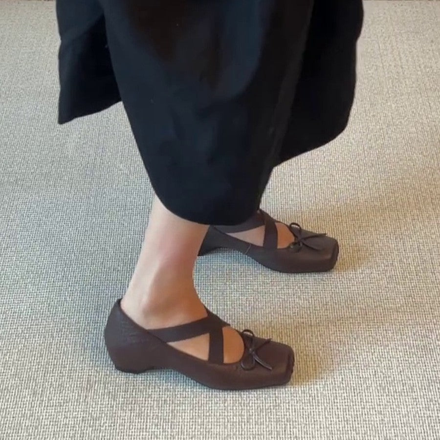 Women's Ballet Flats with Elastic Cross Straps and Decorative Bow Detail