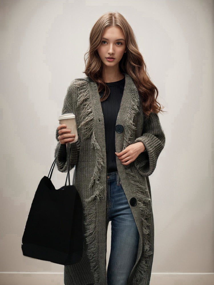 Women's Casual Knit Coat with Fringed Edges and Spacious Pockets