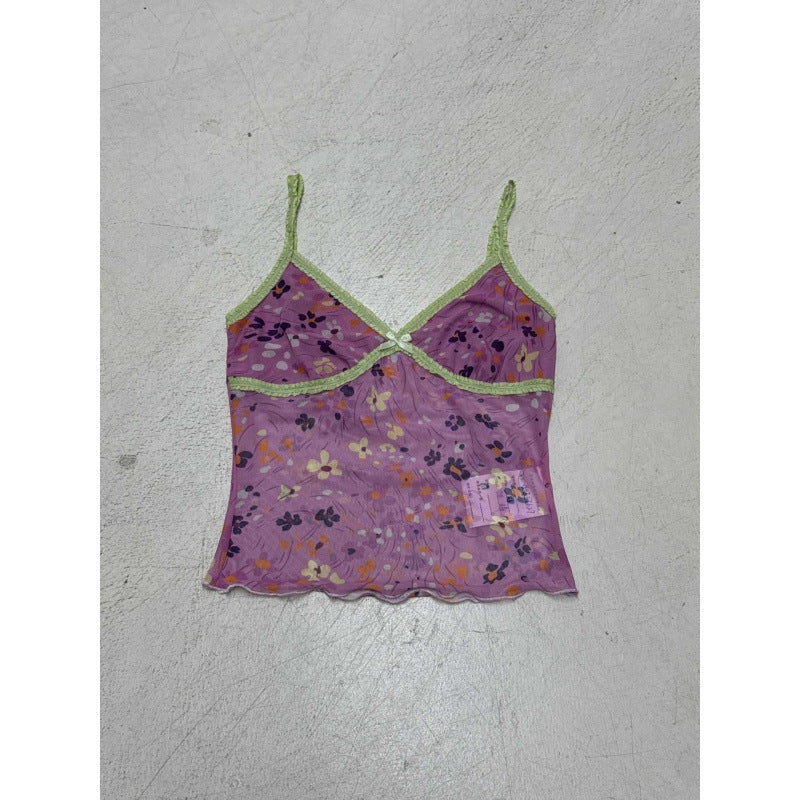 Women's Floral Spaghetti Strap Top with Ruffle Details