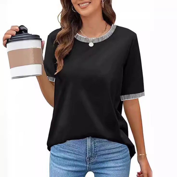 Casual Short-Sleeve Shirt with Striped Collar