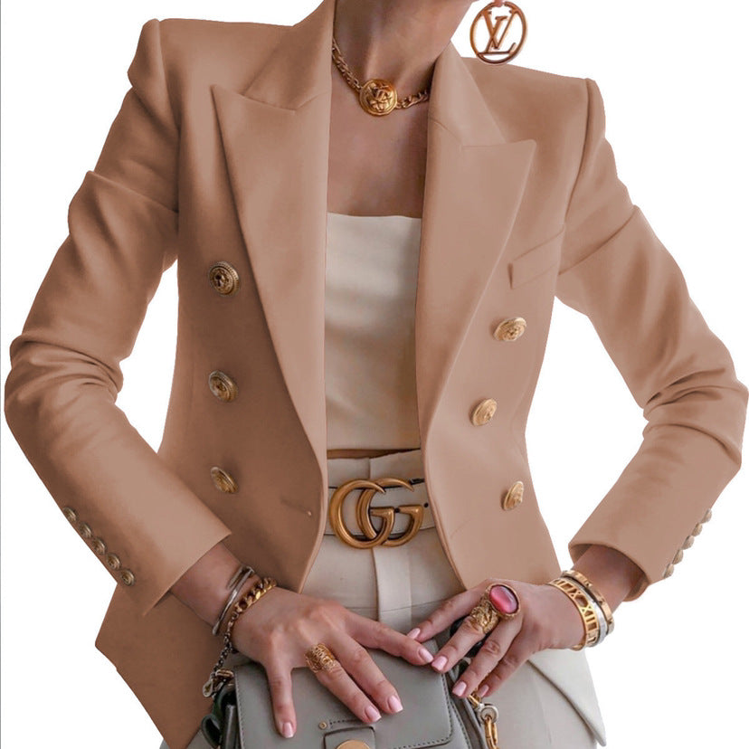 Women's Elegant Double-Breasted Blazer Jacket with Gold Buttons