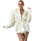 Elegant Floral Blazer Jacket with Waist Belt
