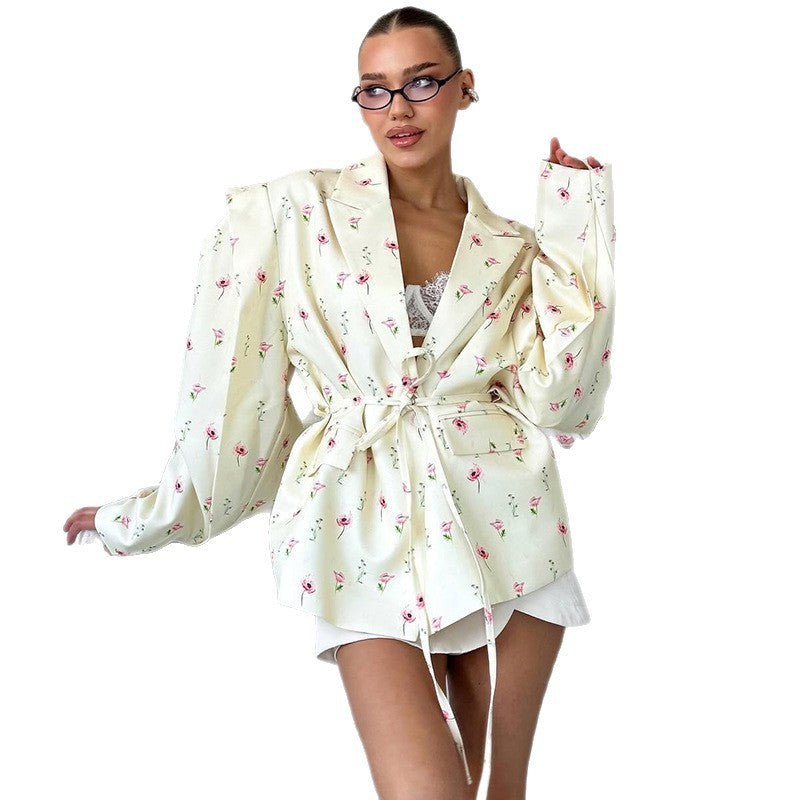 Elegant Floral Blazer Jacket with Waist Belt