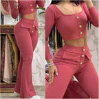 Women's Cropped Top and Flared Pants Set with Button Details
