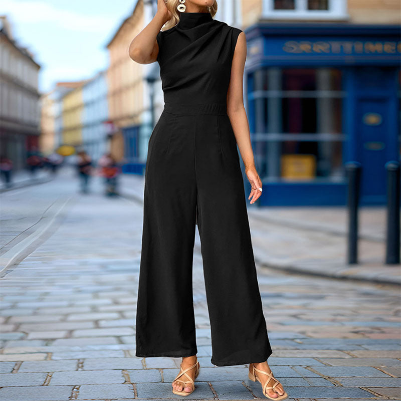 Elegant Women's Jumpsuit with Waterfall Neckline and Wide Leg