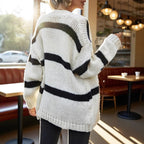 Women's Chunky Knit Cardigan with Fashionable Stripes