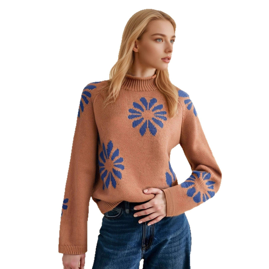 Women's Colorful Knit Sweater with Floral Pattern