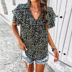 Women's Blouse with Voluminous Ruffles and Floral Patterns