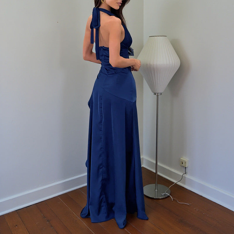 Women's Asymmetrical Satin Maxi Dress with Deep V-Neck