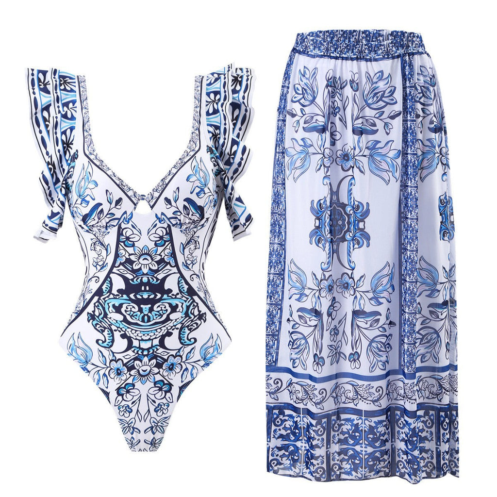 Women's Swimsuit Set with Ruffles and Wrap Skirt