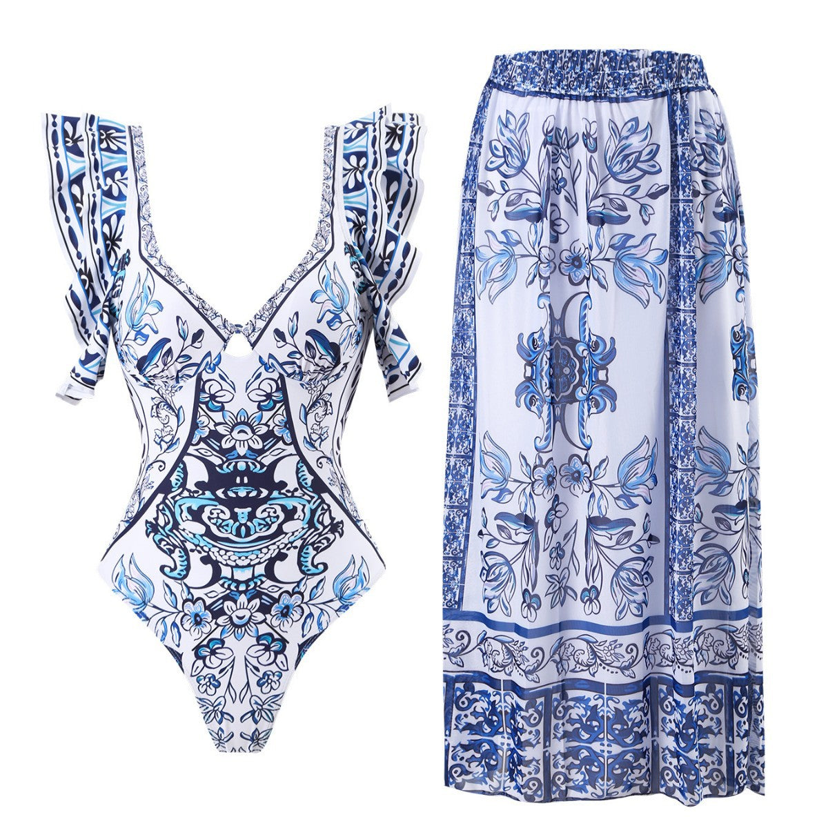 Women's Swimsuit Set with Ruffles and Wrap Skirt