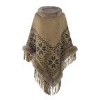 Women's Elegant Poncho with Decorative Fringe Design and Faux Fur Trim