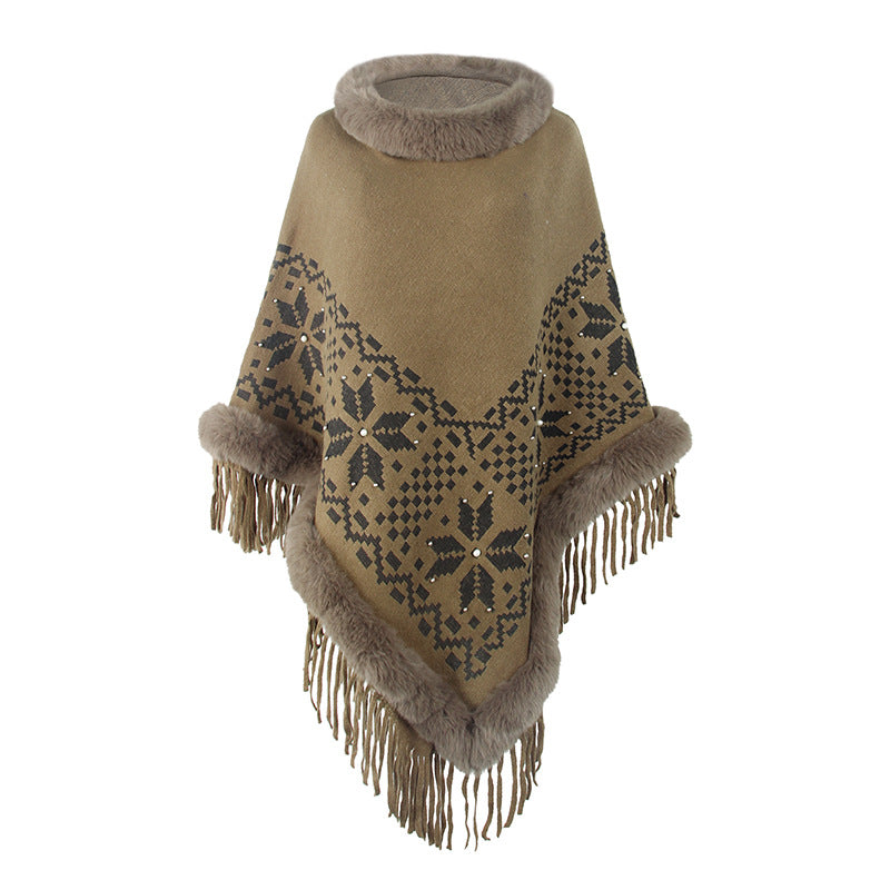 Women's Elegant Poncho with Decorative Fringe Design and Faux Fur Trim