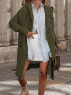 Women's Chunky Knit Cardigan with Hood and Cable Design