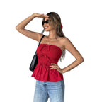 Women's Bandeau Top with Ruched Detail and Flattering Flounce
