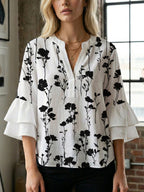 Casual Blouse with Ruffle Sleeves and Botanical Print