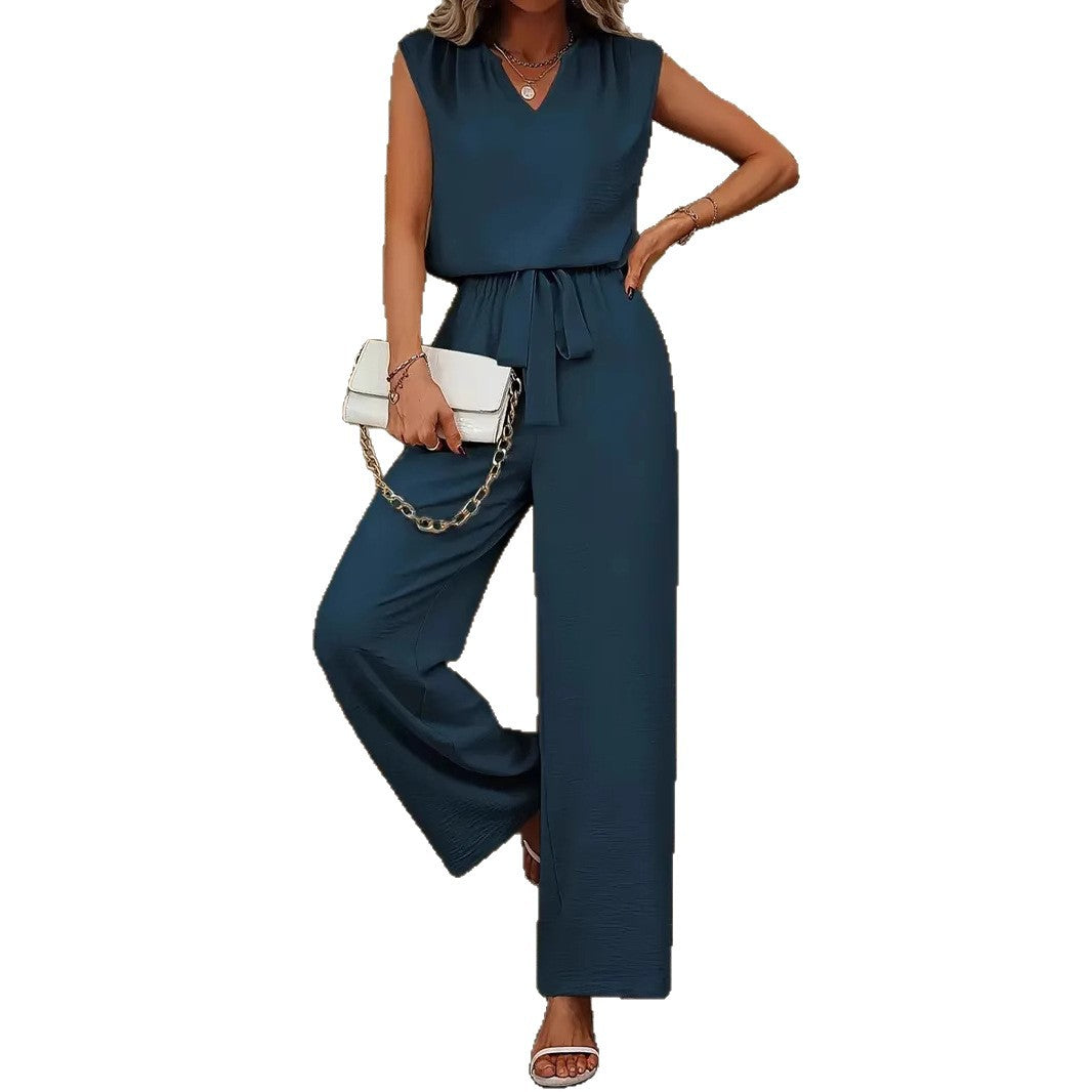 Women's Elegant Suit with V-Neck and Waist Tie